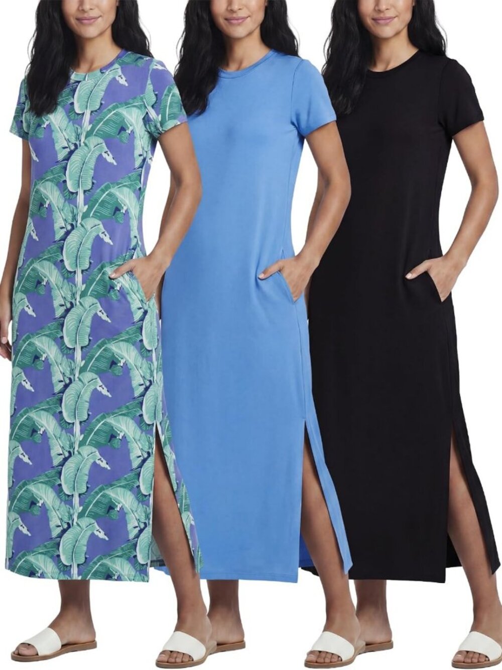 3 Pack Women's Casual Maxi Dresses - Short Sleeve T-Shirt Style with Long Slit